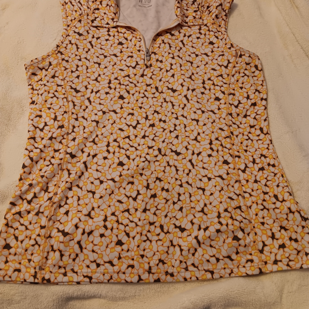 Orange and White Sleeveless Ruffled Blouse with Notched Collar